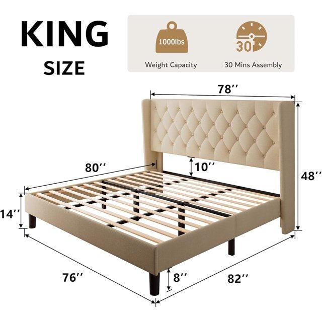 iPormis Bed Frame with Diamond Button Tufted Wingback Headboard, Upholstered Platform Bed Frame