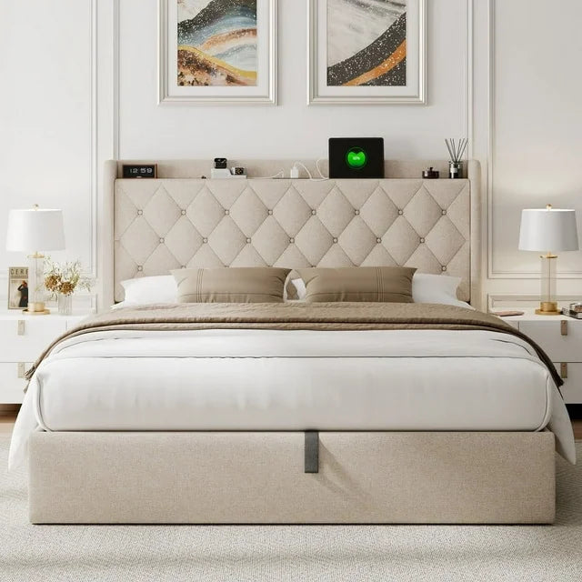iPormis Queen Size Bed Frame with Lift up Storage & Charging Station, Button Tufted Wingback Upholstered Headboard