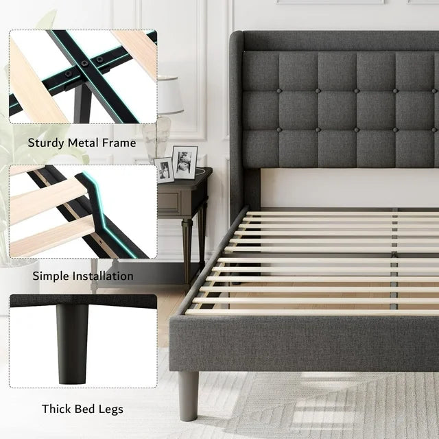 ipormis Full Size Bed Frame with Charging Station，Upholstered Platform Bed Frame with Wingback Storage Headboard