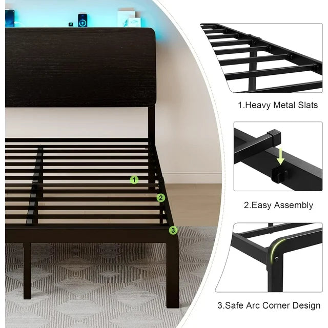 iPormis Bed Frame with Ergonomic Storage Headboard & Charging Station