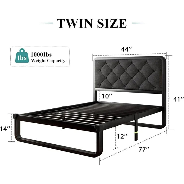 iPormis Queen Size Metal Bed Frame with Linen Upholstered Headboard, 12'' Underbed Space