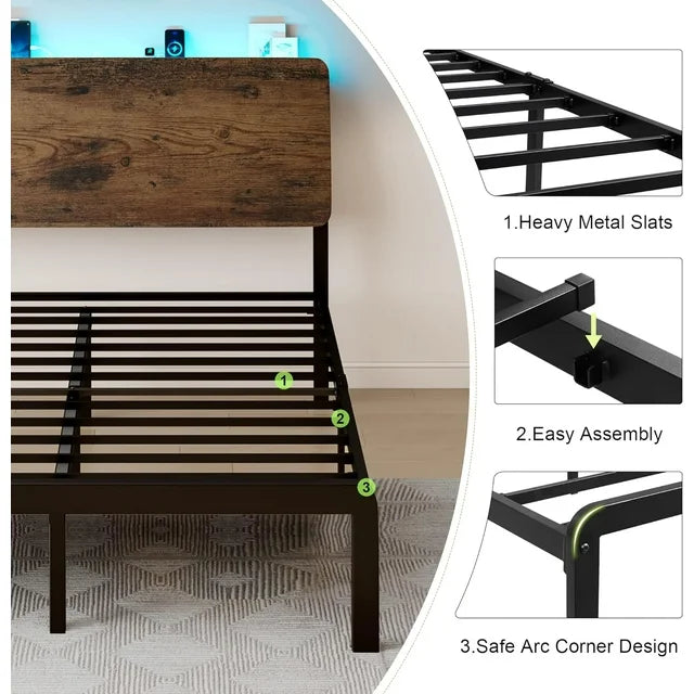 iPormis Bed Frame with Ergonomic Storage Headboard & Charging Station