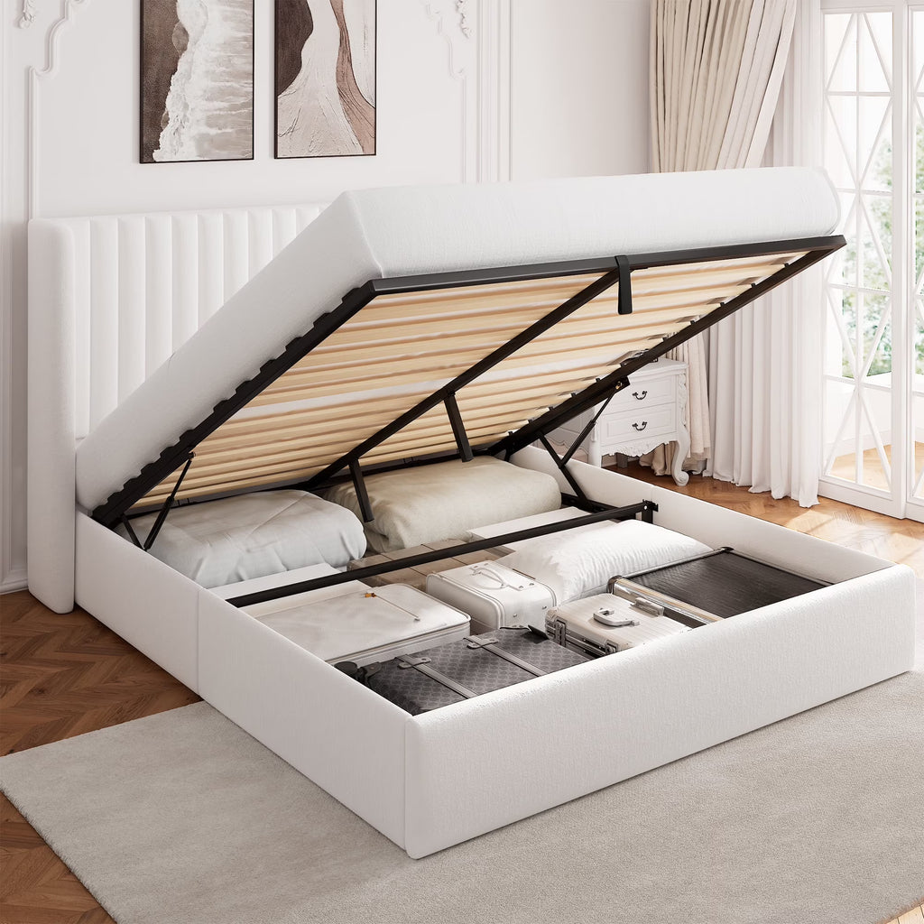 Virans Lift Up Storage Bed With Wingback Headboard, Upholstered Platform Bed Frame with Hydraulic Storage