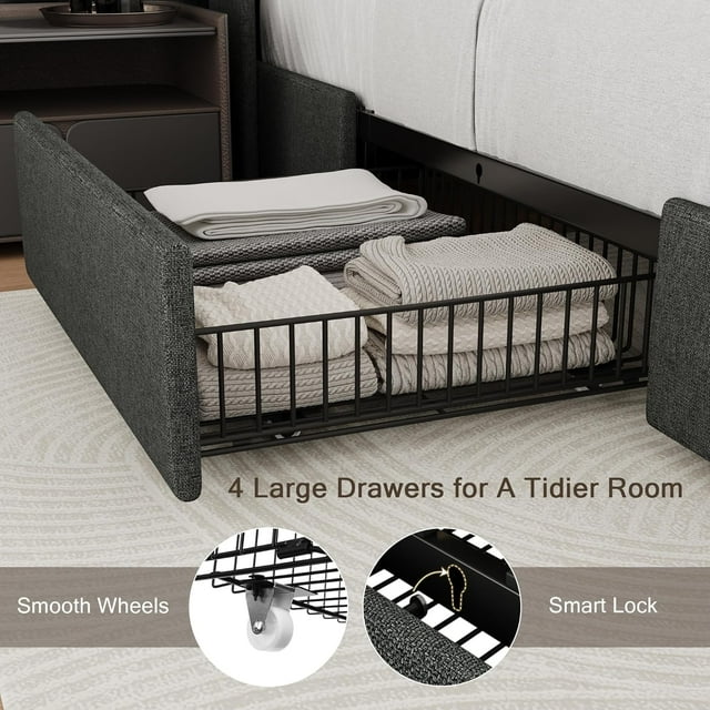 iPormis Bed Frame with Charging Station , Upholstered Bed with 4 Storage Drawers