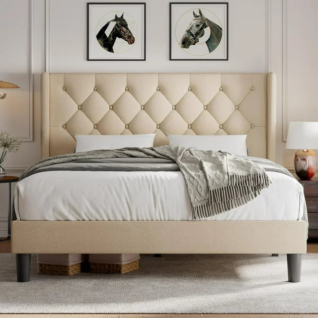 iPormis Bed Frame with Diamond Button Tufted Wingback Headboard, Upholstered Platform Bed Frame