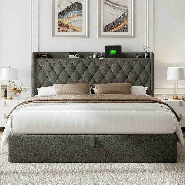 iPormis Queen Size Bed Frame with Lift up Storage & Charging Station, Button Tufted Wingback Upholstered Headboard