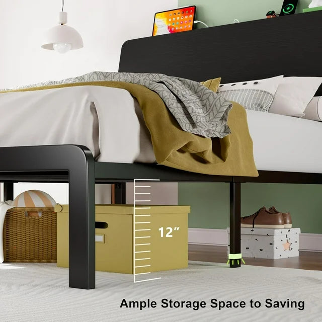 iPormis Bed Frame with Ergonomic Storage Headboard & Charging Station