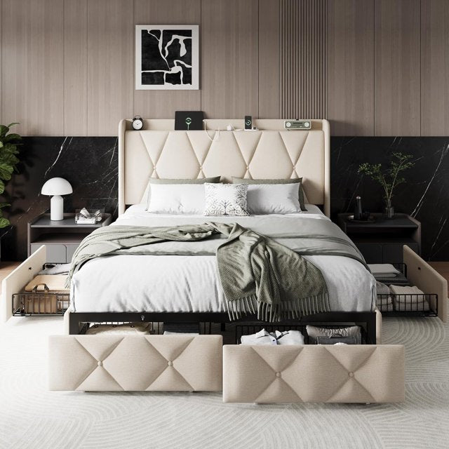 iPormis Bed Frame with Charging Station , Upholstered Bed with 4 Storage Drawers