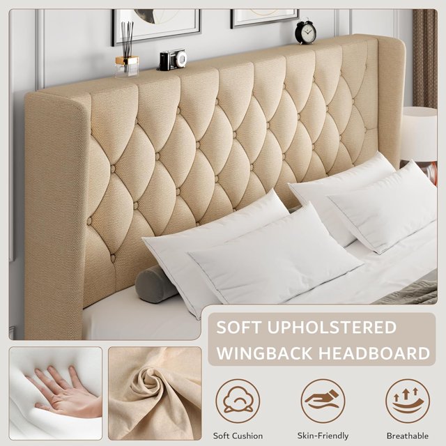 iPormis Bed Frame with Diamond Button Tufted Wingback Headboard, Upholstered Platform Bed Frame