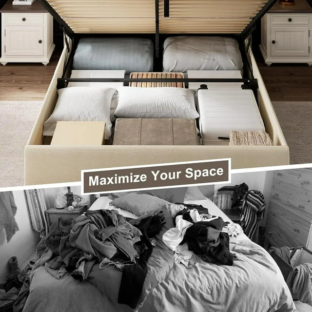 iPormis Full Size Bed Frame with Lift up Storage & Wingback Headboard