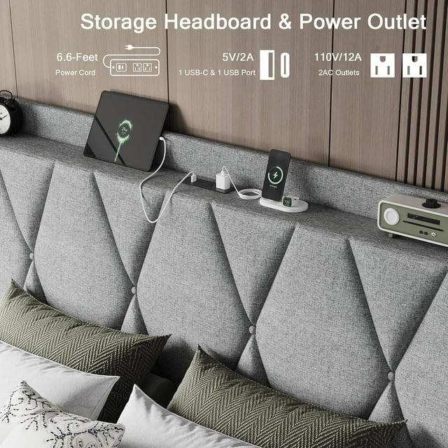 iPormis Bed Frame with Charging Station , Upholstered Bed with 4 Storage Drawers