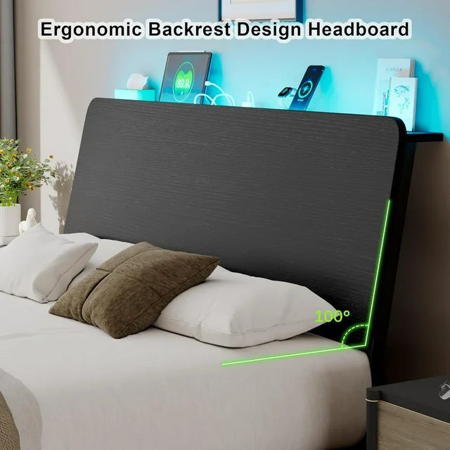 iPormis Bed Frame with Ergonomic Storage Headboard & Charging Station