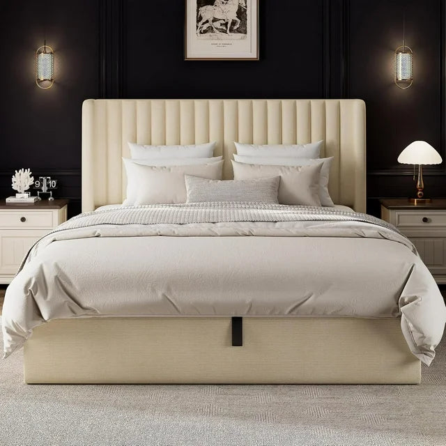 iPormis Full Size Bed Frame with Lift up Storage & Wingback Headboard