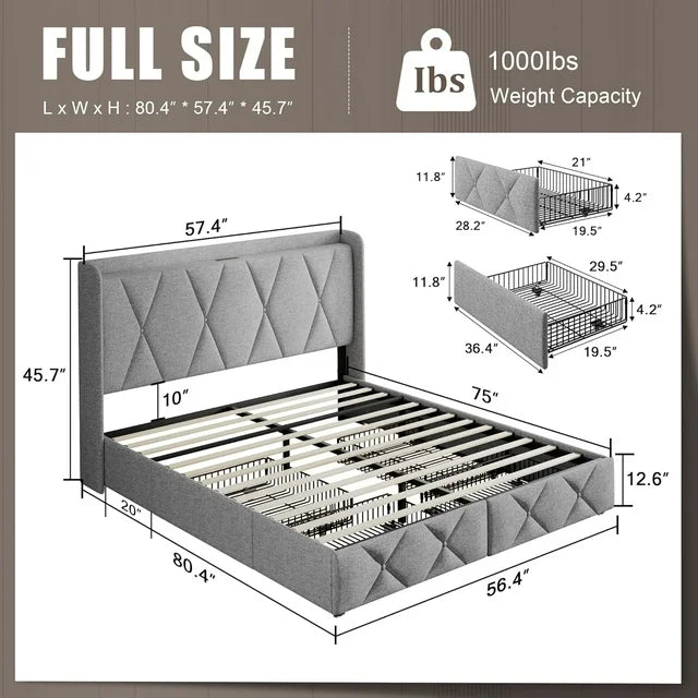 iPormis Bed Frame with Charging Station , Upholstered Bed with 4 Storage Drawers