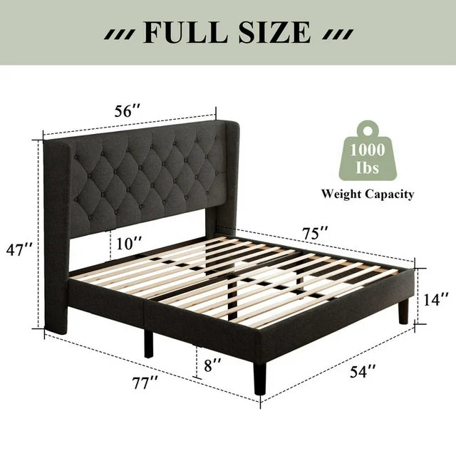 iPormis Bed Frame with Diamond Button Tufted Wingback Headboard, Upholstered Platform Bed Frame