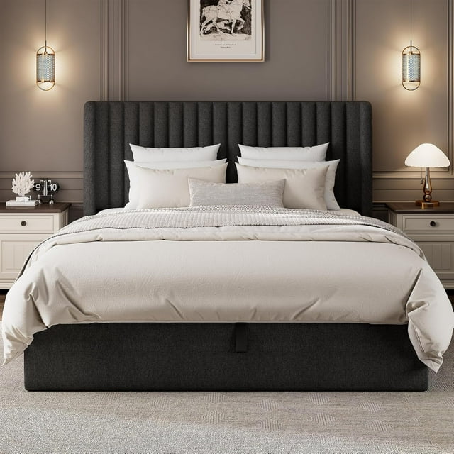 iPormis Full Size Bed Frame with Lift up Storage & Wingback Headboard