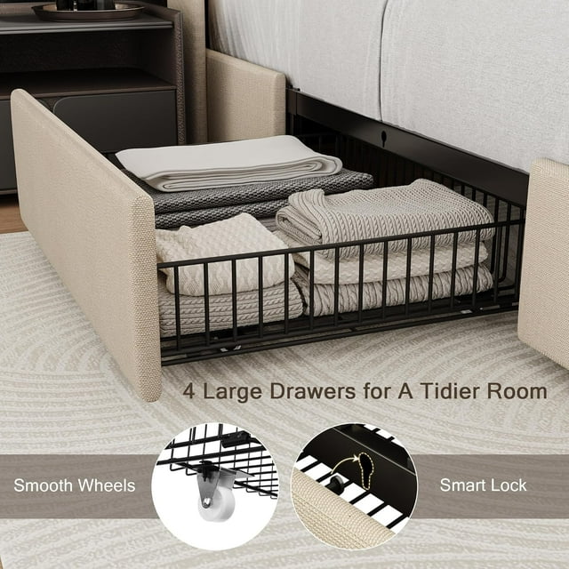 iPormis Bed Frame with Charging Station , Upholstered Bed with 4 Storage Drawers