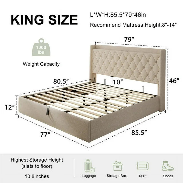 iPormis Queen Size Bed Frame with Lift up Storage & Charging Station, Button Tufted Wingback Upholstered Headboard