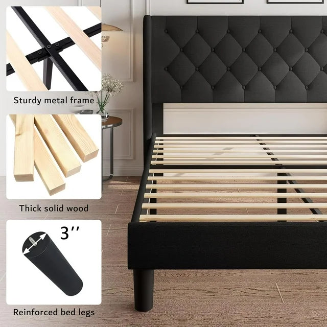 iPormis Bed Frame with Diamond Button Tufted Wingback Headboard, Upholstered Platform Bed Frame