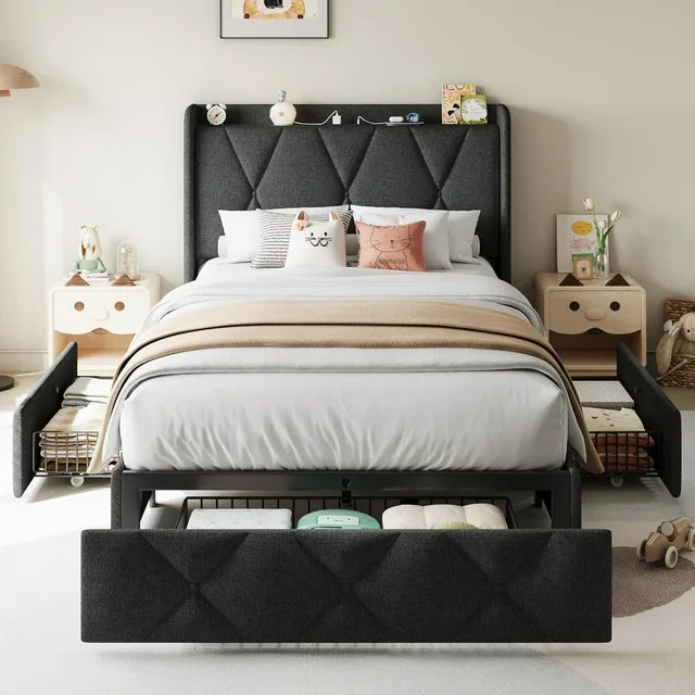 iPormis Bed Frame with Charging Station , Upholstered Bed with 4 Storage Drawers