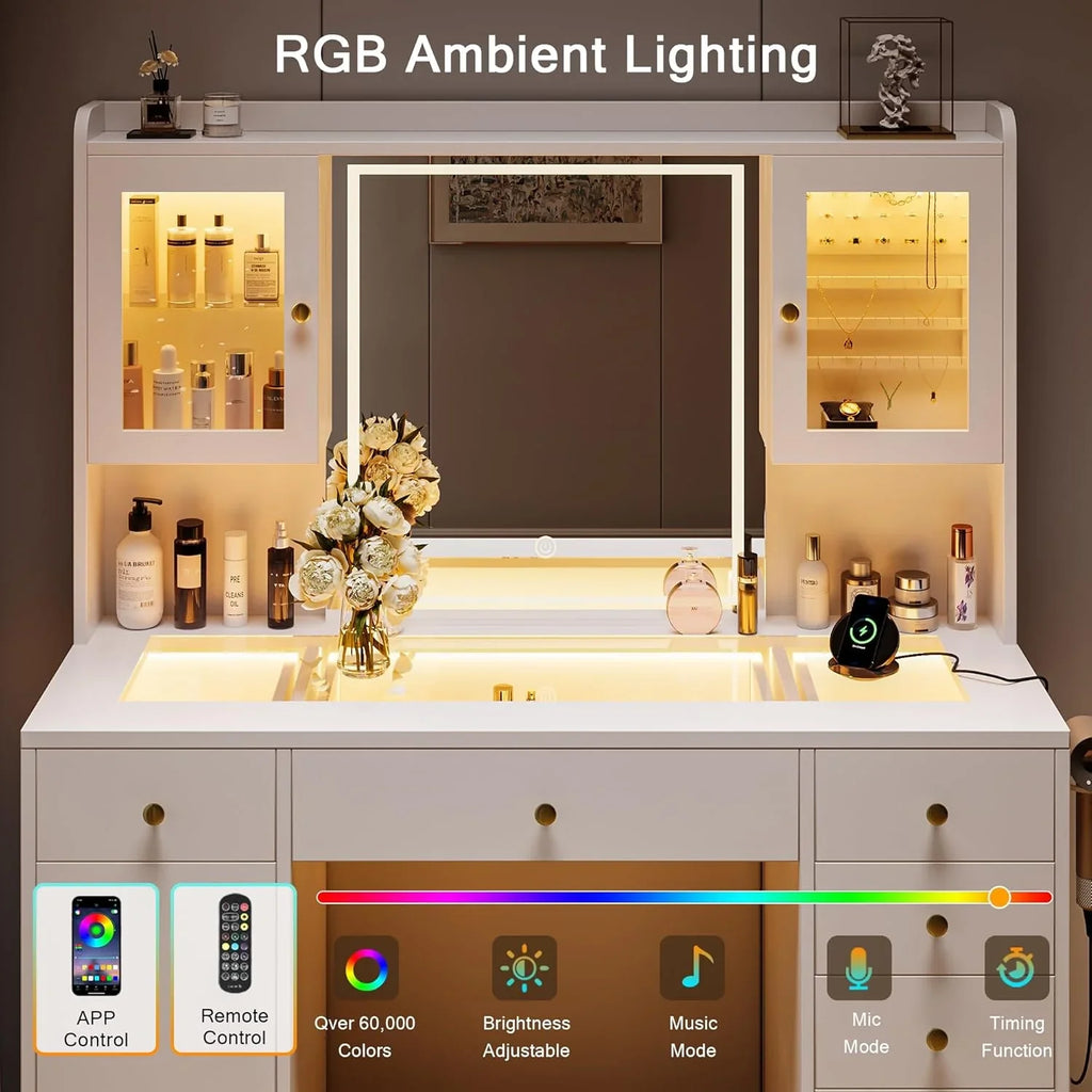 iPormis Vanity Desk with Mirror and Lights, Glass Top Makeup Vanity with RGB Light and Charging Station