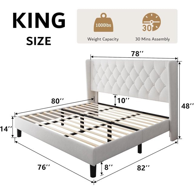 iPormis Bed Frame with Diamond Button Tufted Wingback Headboard, Upholstered Platform Bed Frame