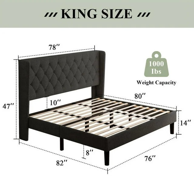 iPormis Bed Frame with Diamond Button Tufted Wingback Headboard, Upholstered Platform Bed Frame