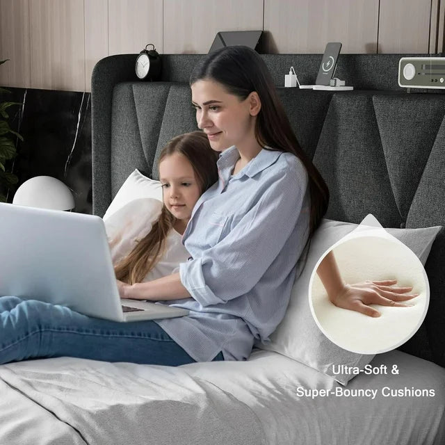 iPormis Bed Frame with Charging Station , Upholstered Bed with 4 Storage Drawers