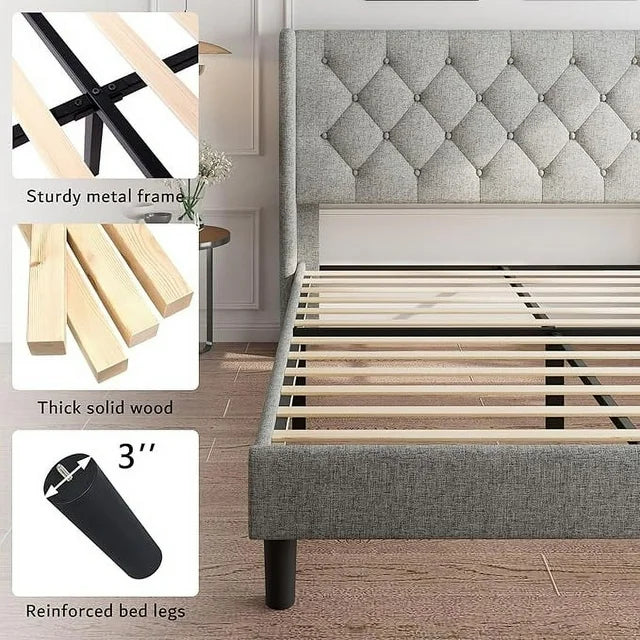 iPormis Bed Frame with Diamond Button Tufted Wingback Headboard, Upholstered Platform Bed Frame