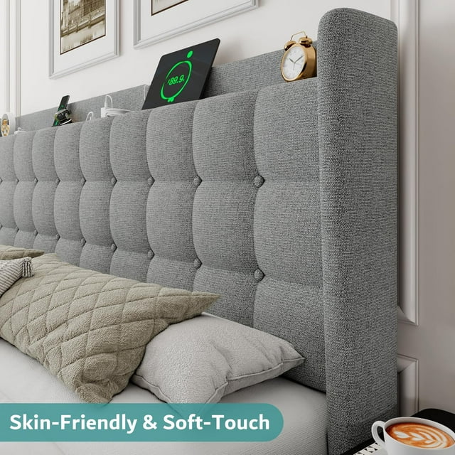 ipormis Full Size Bed Frame with Charging Station，Upholstered Platform Bed Frame with Wingback Storage Headboard