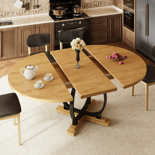 iPormis 59'' Extendable Round Dining Table for 4 to 8, Kitchen Table with Sturdy X-Base Metal Legs