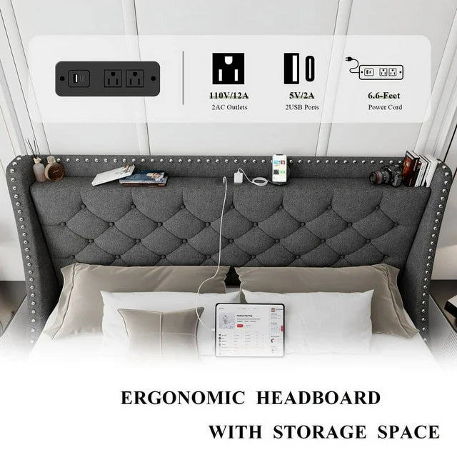 iPormis Full Bed Frame with Upholstered Wingback Button Tufted Storage Headboard