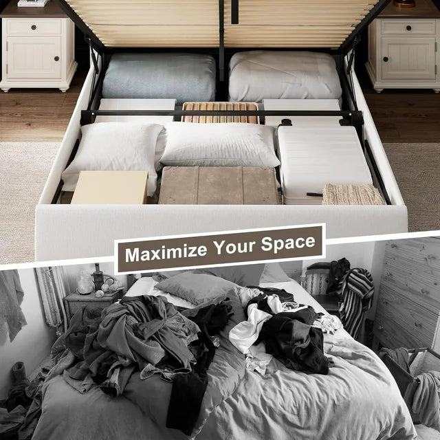 iPormis Full Size Bed Frame with Lift up Storage & Wingback Headboard