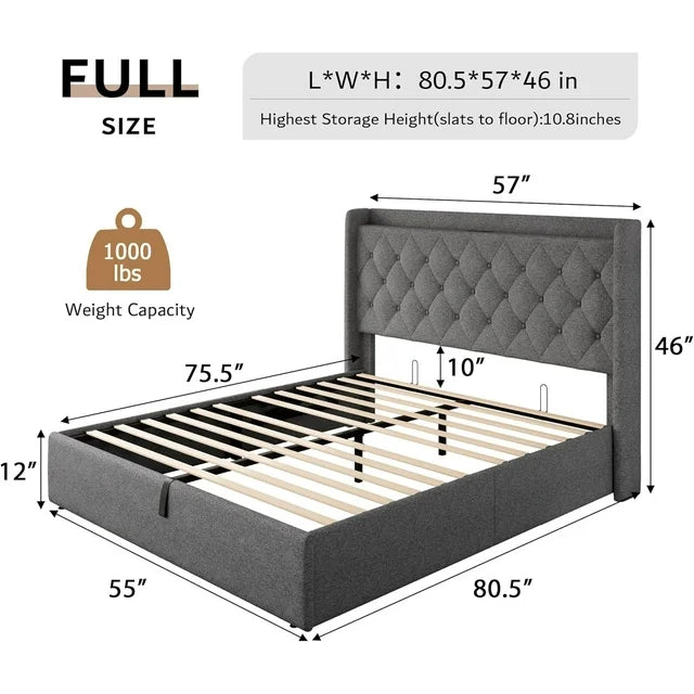 iPormis Queen Size Bed Frame with Lift up Storage & Charging Station, Button Tufted Wingback Upholstered Headboard