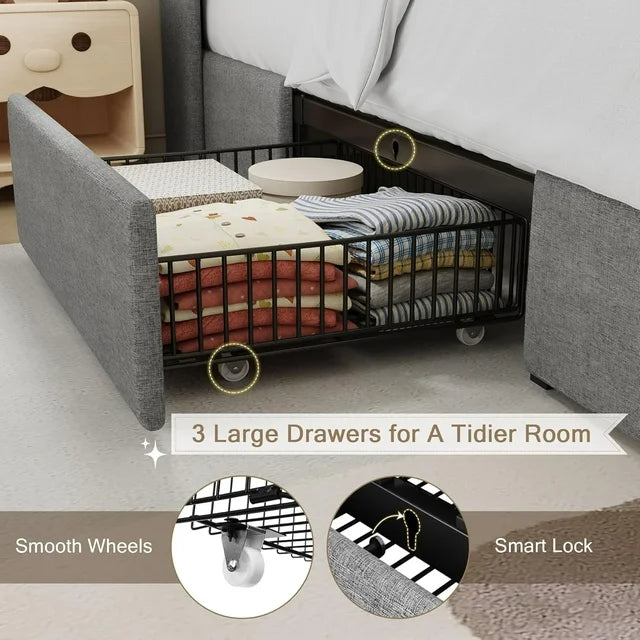 iPormis Bed Frame with Charging Station , Upholstered Bed with 4 Storage Drawers