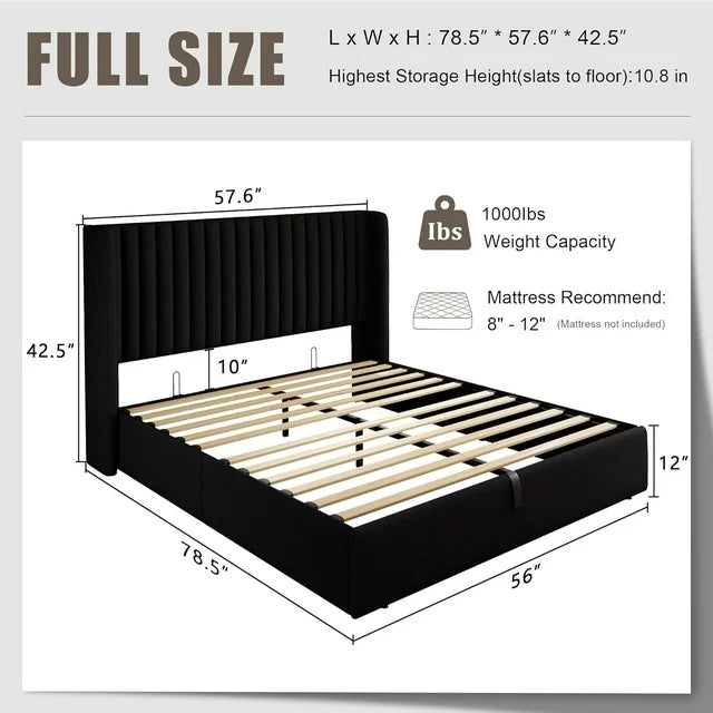 iPormis Full Size Bed Frame with Lift up Storage & Wingback Headboard