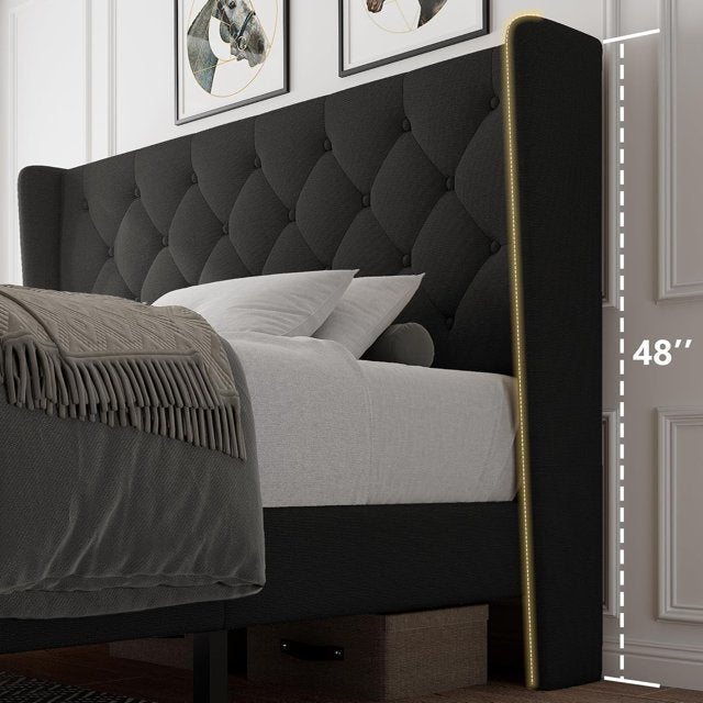 iPormis Bed Frame with Diamond Button Tufted Wingback Headboard, Upholstered Platform Bed Frame