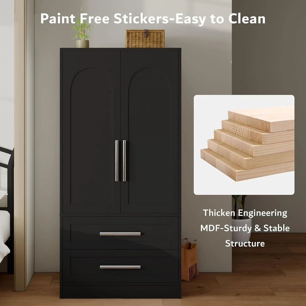 iPormis Wooden Armoire Wardrobe Closet with 2 Drawers, Clothing Storage Cabinet