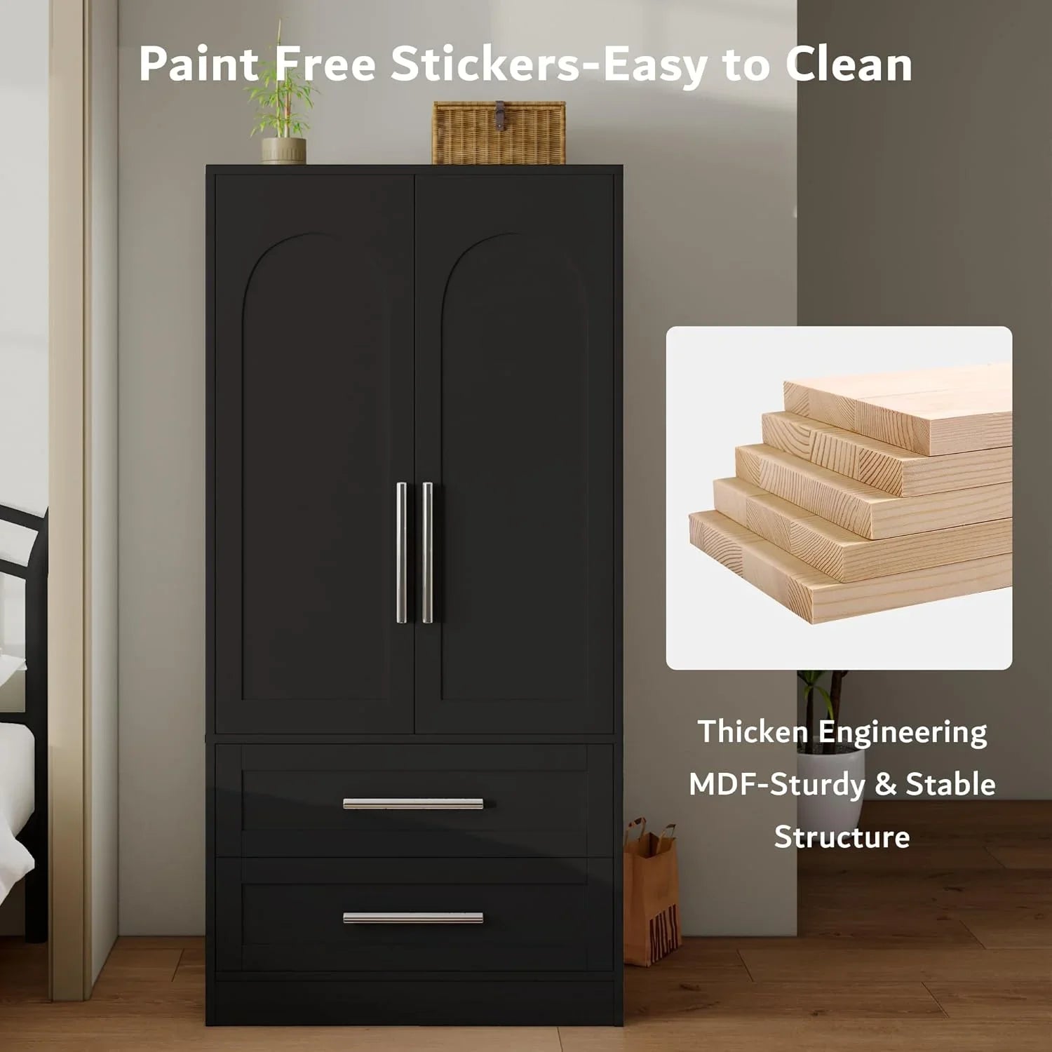 iPormis Wooden Armoire Wardrobe Closet with 2 Drawers, Clothing Storage Cabinet