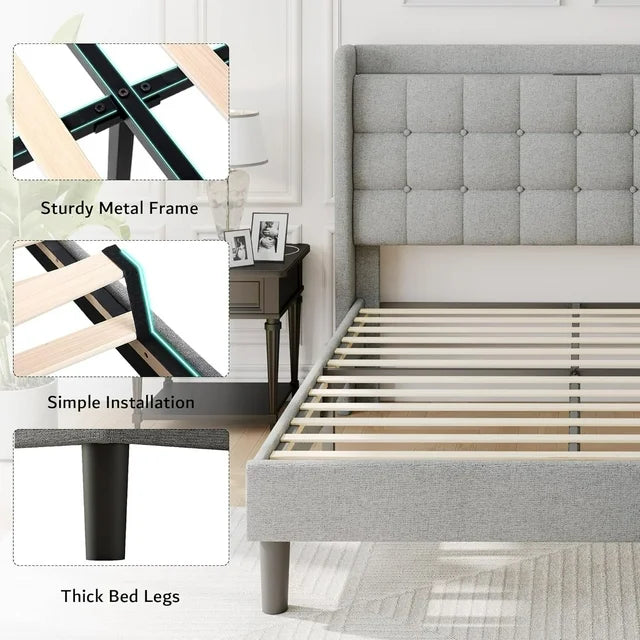 ipormis Full Size Bed Frame with Charging Station，Upholstered Platform Bed Frame with Wingback Storage Headboard