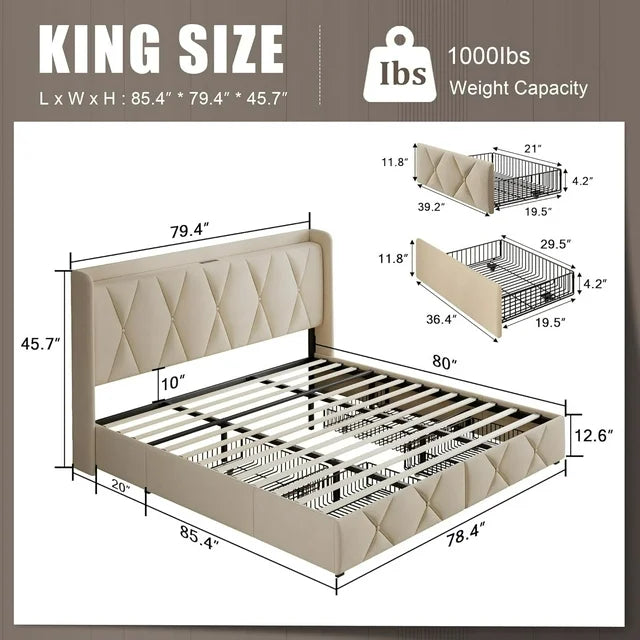 iPormis Bed Frame with Charging Station , Upholstered Bed with 4 Storage Drawers