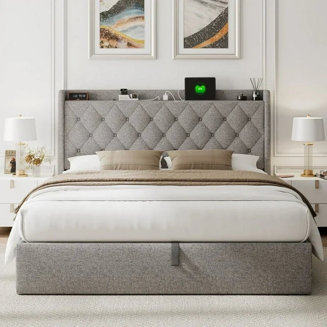iPormis Queen Size Bed Frame with Lift up Storage & Charging Station, Button Tufted Wingback Upholstered Headboard
