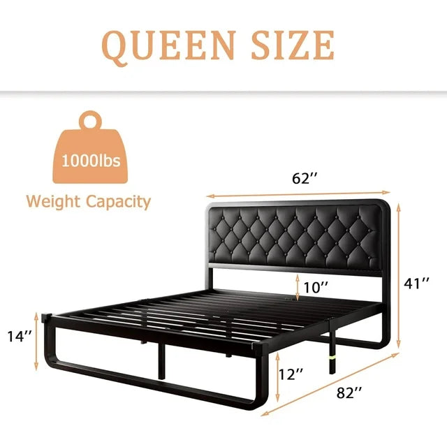 iPormis Queen Size Metal Bed Frame with Linen Upholstered Headboard, 12'' Underbed Space