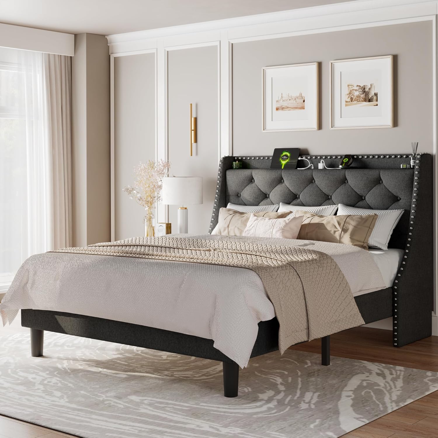 Feonase Bed Frame with Luxury Wingback and Charging Station