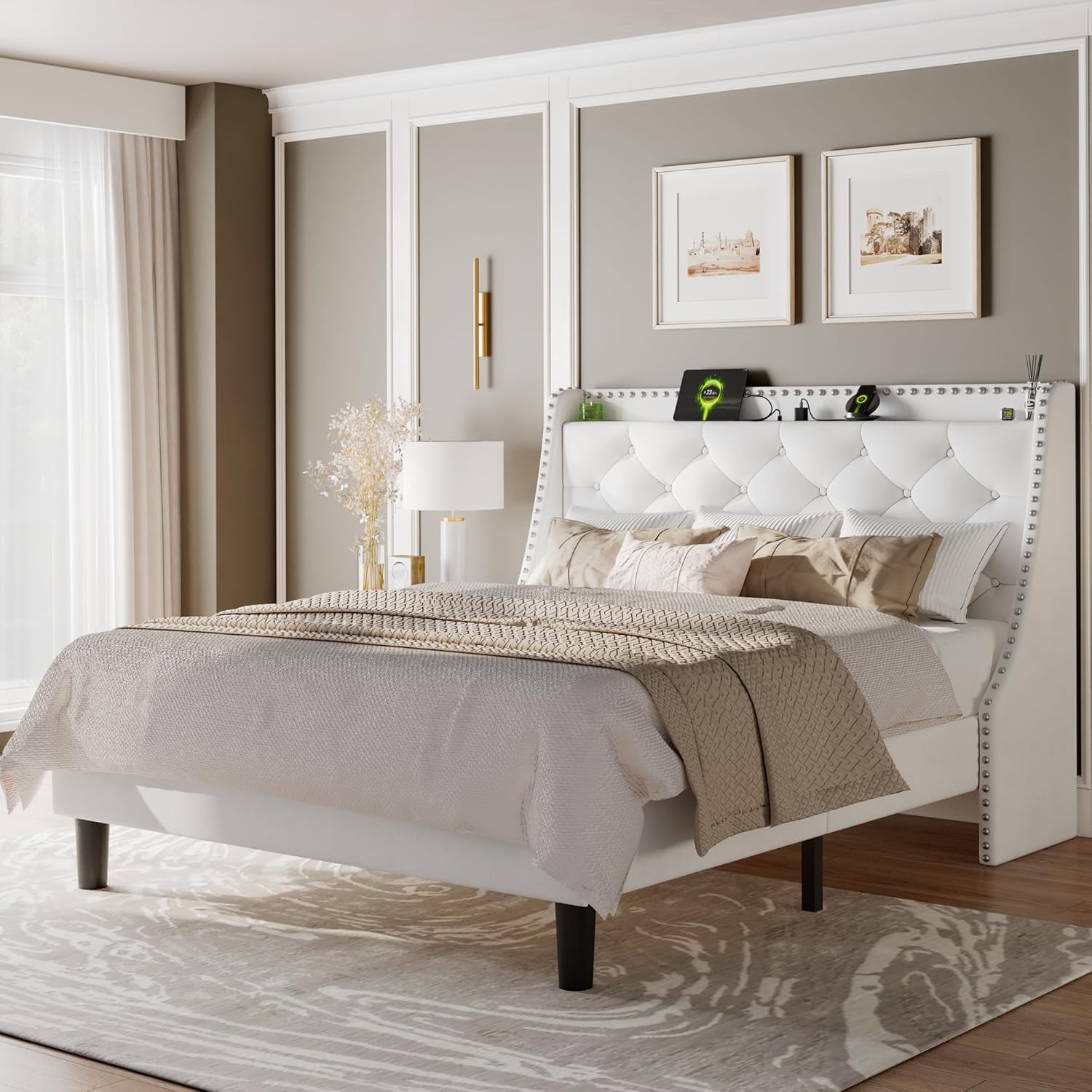 Feonase Bed Frame with Luxury Wingback and Charging Station