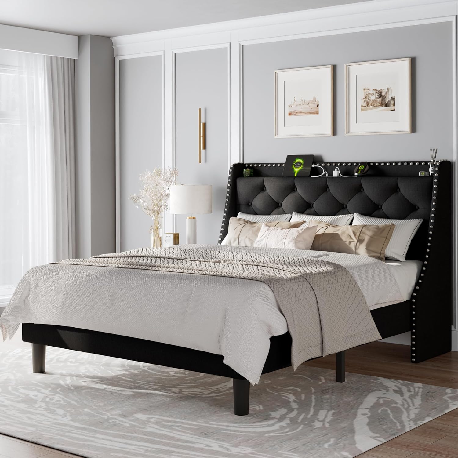 Feonase Bed Frame with Luxury Wingback and Charging Station