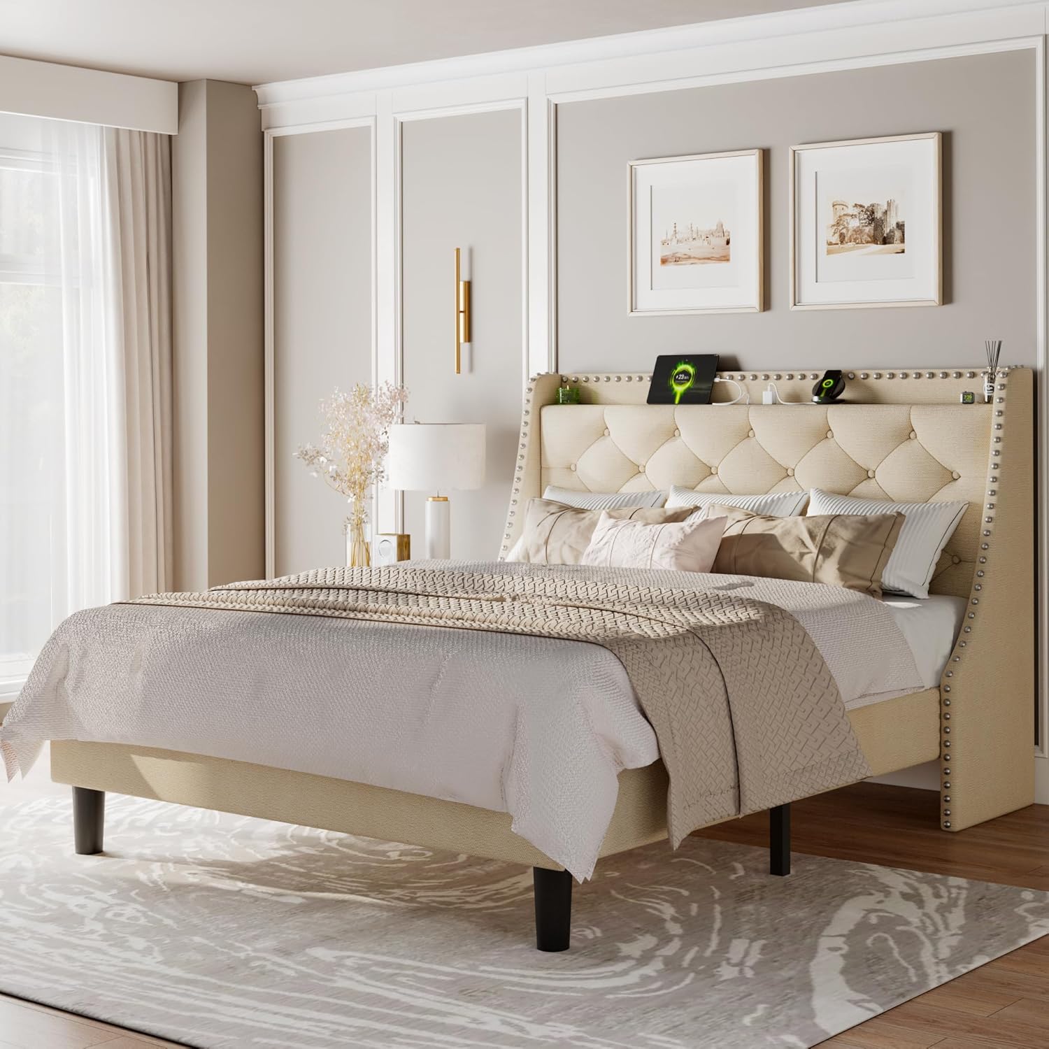 Feonase Bed Frame with Luxury Wingback and Charging Station