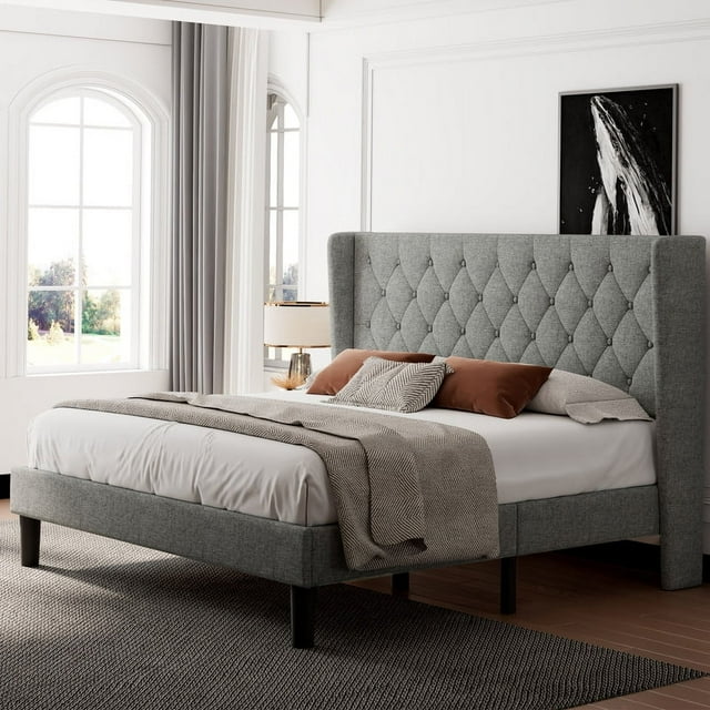 iPormis Bed Frame with Diamond Button Tufted Wingback Headboard, Upholstered Platform Bed Frame