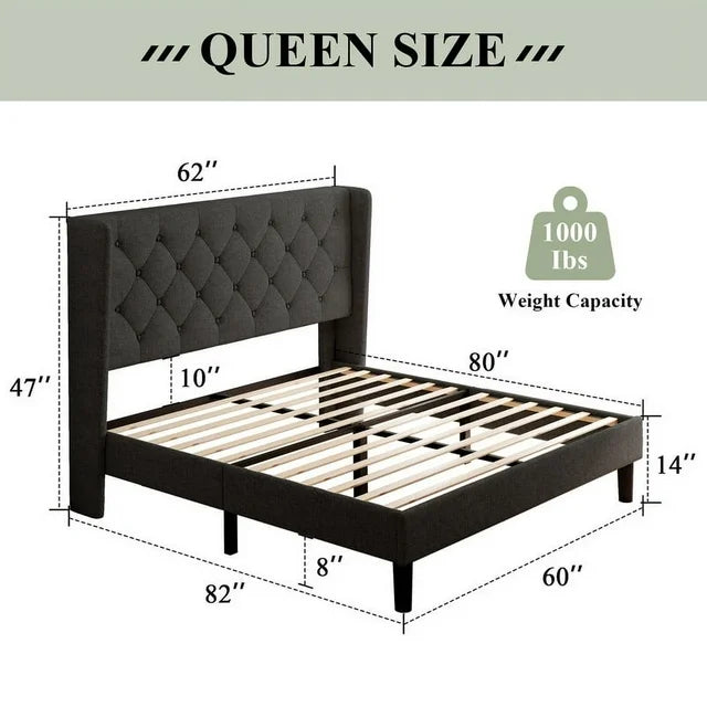 iPormis Bed Frame with Diamond Button Tufted Wingback Headboard, Upholstered Platform Bed Frame