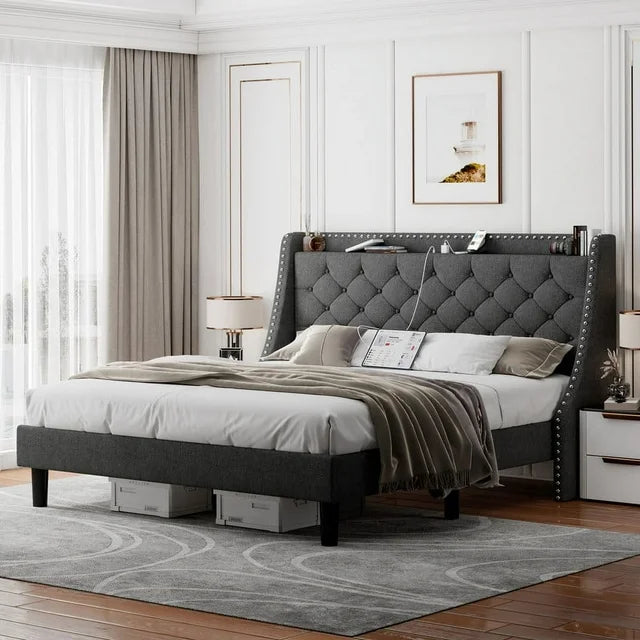 iPormis Full Bed Frame with Upholstered Wingback Button Tufted Storage Headboard